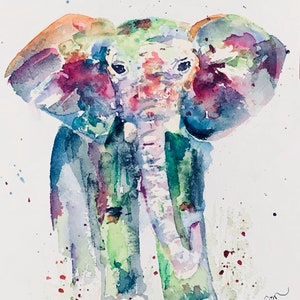 d, Elefante, pintura de elefantes, arte colorido, arte infantil, acuarela, acuarela original, tarjeta de Navidad, colorido