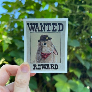 May include: A wanted poster with a cartoon illustration of a brown rabbit wearing a cowboy hat and bandana. The poster says "WANTED" at the top and "REWARD" at the bottom.