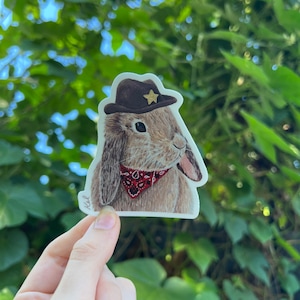 May include: A brown rabbit wearing a cowboy hat with a gold star and a red bandana. The rabbit is looking to the right and has its tongue sticking out.
