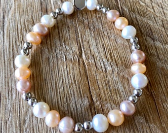 Freshwater Pearl and Silver Bead Stretch Bracelet/FREE UK SHIPPING