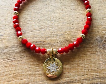 Red Agate Semi Precious Bead Bracelet with Swarovski Crystal Star Charm /FREE UK SHIPPING