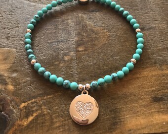 Turquoise Semi Precious bead with Silver Swarovski Heart Charm Stretch Bracelet/FREE UK SHIPPING