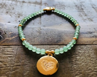 Jade Semi Precious Bead & Gold Swarovski crystal Heart charm Bracelet/FREE UK SHIPPING