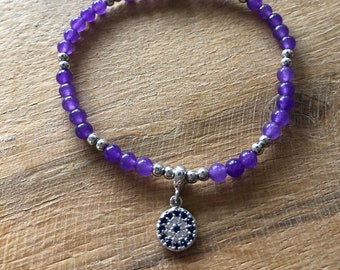 Amethyst Semi Precious Bead Stretch Bracelet with Silver Crystal Eye Charm / FREE UK SHIPPING