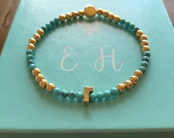 Turquoise and Gold r Charm Stretch Bracelet / FREE UK SHIPPING