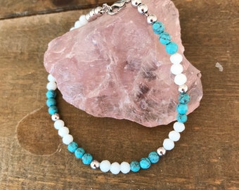 Turquoise, White Agate  Semi Precious Bead & Silver ball Adjustable Bracelet/FREE UK SHIPPING