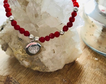 Red Agate, Silver Bead & Swarovski Heart Charm Stretch Bracelet/FREE UK SHIPPING
