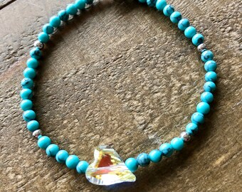 Turquoise semi precious bead with Swarovski Heart Stretch Bracelet/FREE UK SHIPPING