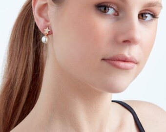 Gold Crystal Star & Pearl Clip Earrings