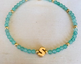 Jade Semi Precious stretch Bracelet with Gold letter S Bracelet / FREE UK SHIPPING