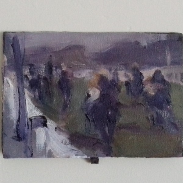 Horseracing oil painting , study sketch at a winning post flat race .Newmarket races