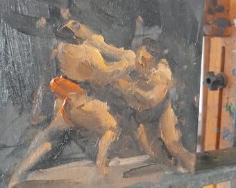 Cuadro de luchadores de sumo, óleo sobre lienzo, Tokio, Japón.