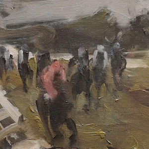 Puede incluir: Una pintura de un grupo de personas en un campo, con un cielo nublado en el fondo. Las personas visten ropa oscura y están de pie en una formación suelta. La pintura está realizada en un estilo suelto e impresionista, con pinceladas gruesas y una paleta de colores apagados.