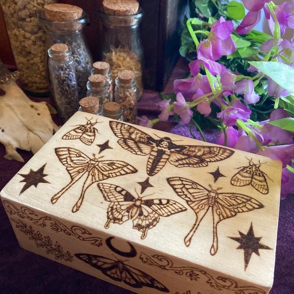 Moth and butterfly rolling box, moth box, butterfly box, handmade box, rolling box, stash box, witch box, green witch box, moths, butterfly