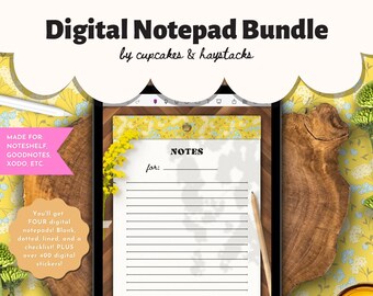 Digital Notepad Bundle, Notebook, Blank, Bullet Journal, Lined, To Do List, iPad, GoodNotes, Noteshelf, Digital Stickers, Yellow, Floral