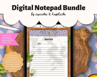 Digital Notepad Bundle, Notebook, Blank, Bullet Journal, Lined, To Do List, iPad, GoodNotes, Noteshelf, Digital Stickers, Blue Polka Dot