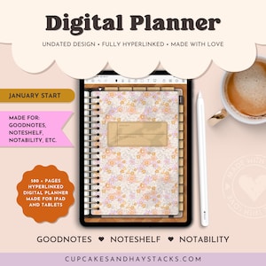 Undated Portrait Digital Planner | PDF for iPad and GoodNotes | Hyperlinked Tabs, 580+ Pages, Trackers & Planning Tools | 2025 Sunday Start