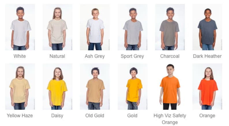 May include: A set of 12 t-shirts in various colors, including white, natural, ash grey, sport grey, charcoal, dark heather, yellow haze, daisy, old gold, gold, high viz safety orange, and orange. The t-shirts are all short-sleeved and have a crew neck.