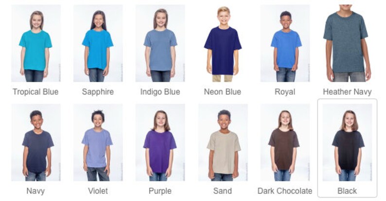 May include: A color chart of t-shirt colors for kids. The colors include tropical blue, sapphire, indigo blue, neon blue, royal, heather navy, navy, violet, purple, sand, dark chocolate, and black.