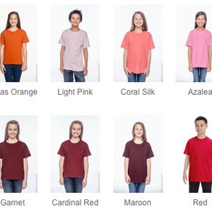 May include: A color chart of t-shirts showing different colors, including Tennessee Orange, Texas Orange, Light Pink, Coral Silk, Azalea, Safety Pink, Heliconia, Garnet, Cardinal Red, Maroon, Red, and Mint Green.