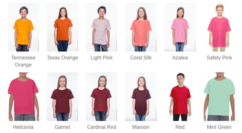 May include: A color chart of t-shirts showing different colors, including Tennessee Orange, Texas Orange, Light Pink, Coral Silk, Azalea, Safety Pink, Heliconia, Garnet, Cardinal Red, Maroon, Red, and Mint Green.