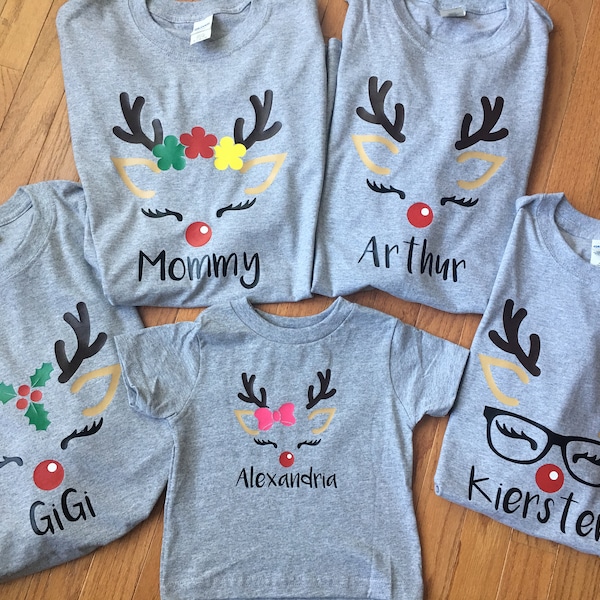 Matching family Christmas shirts, reindeer, matching family shirts, Rudolph face, Christmas reindeer shirts, holiday clothing, family tees