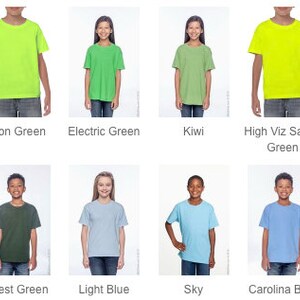 May include: A collage of images showcasing different colored t-shirts for kids. The colors include lime, neon green, electric green, kiwi, high viz safety green, military green, Irish green, forest green, light blue, sky, Carolina blue, and cobalt purple.