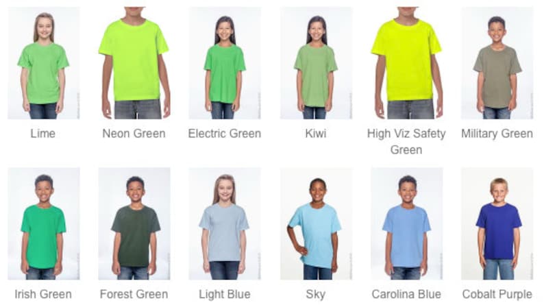 May include: A collage of images showcasing different colored t-shirts for kids. The colors include lime, neon green, electric green, kiwi, high viz safety green, military green, Irish green, forest green, light blue, sky, Carolina blue, and cobalt purple.