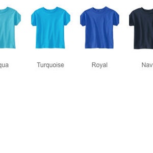 May include: Seven t-shirts in different colors: light blue, aqua, turquoise, royal blue, navy blue, purple, and black. The t-shirts are all the same style, with short sleeves and a crew neck.