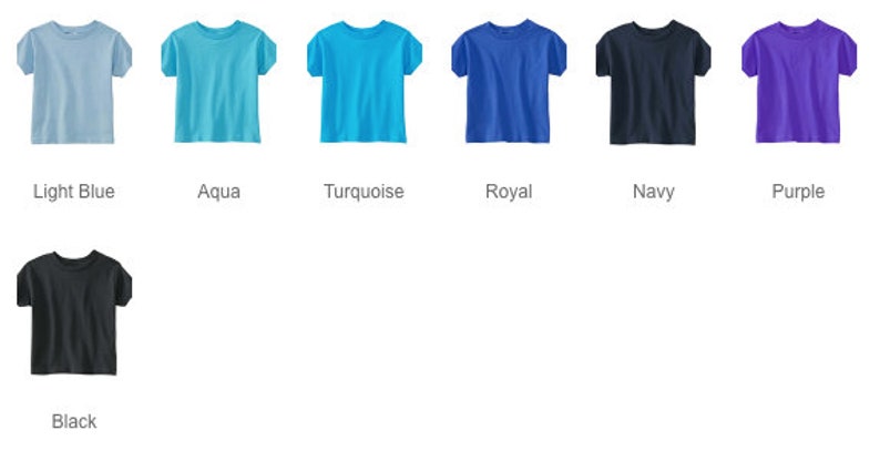 May include: Seven t-shirts in different colors: light blue, aqua, turquoise, royal blue, navy blue, purple, and black. The t-shirts are all the same style, with short sleeves and a crew neck.