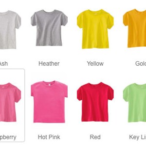 May include: A selection of plain t-shirts in various colors, including white, ash, heather, yellow, gold, orange, pink, raspberry, hot pink, red, key lime, and kelly.