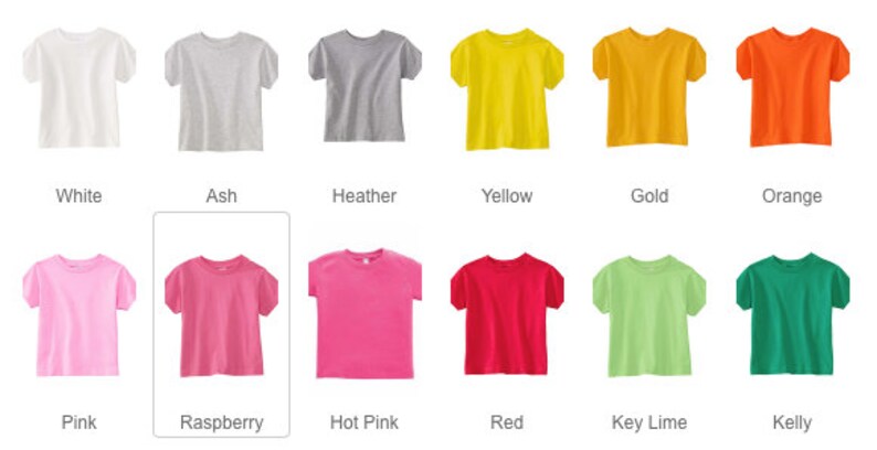 May include: A selection of plain t-shirts in various colors, including white, ash, heather, yellow, gold, orange, pink, raspberry, hot pink, red, key lime, and kelly.