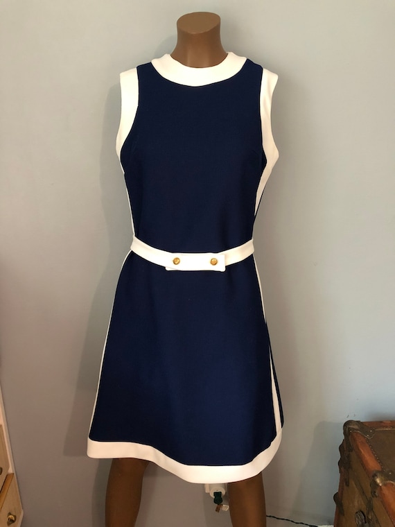 Vintage MOD Blue and White Belted Fit and Flare Dr