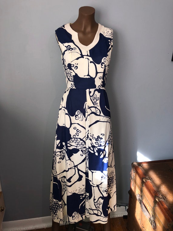 STUNNING Vintage Hawaiian Blue/ White Maxi Dress S