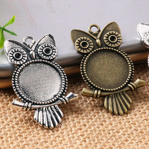 15pcs Antique Silver Tone/antique bronze nuit hibou pendentif plateaux, bases de pendentif blanc, 20mm ronde lunette pendentif paramètres pour verre ou autocollants