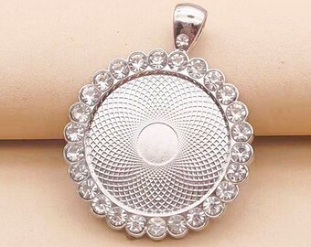 5pcs 1 inch Round Silver tone Rhinestone Pendant Trays,Blank Pendant Bases,25mm Bezel Pendant Settings for Glass or Stickers
