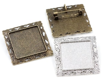 10pcs Antique Silver tone/Antique Bronze Flower Square Blank Brooch Trays Setting,for 25mm Glass or Stickers,DIY Accessory Charm