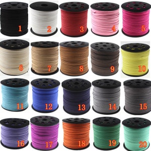 May include: Twenty spools of suede cord in various colors, including black, white, red, pink, brown, yellow, blue, gray, purple, orange, green, and turquoise. Each spool is labeled with a number from 1 to 20.