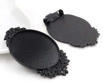10pcs Antique Silver tone/Antique Bronze/Black Blank Flower Brooch Trays Setting,for 30mmx40mm Glass or Stickers,DIY Accessory Charm