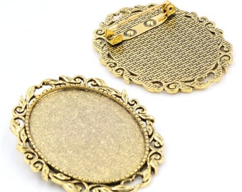 10pcs Antique Silver tone/Antique Bronze/Black/Gold Blank Flower Brooch Trays Setting,for 30mmx40mm Glass or Stickers,DIY Accessory Charm