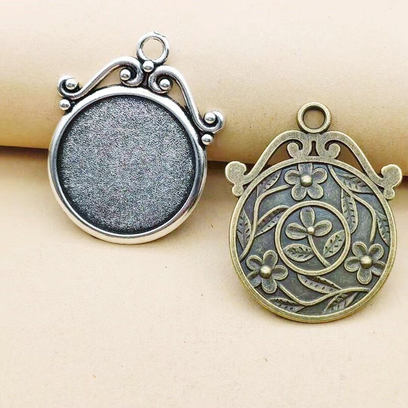 12pcs Round Antique Silver tone/Antique Bronze Flower Pendant Trays,Blank Pendant Bases,25mm Bezel Pendant Settings for Glass or Stickers