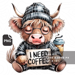 Sleepy Baby Highland Cow PNG, Coffee Addict Clipart, Sublimation Design (10x10 inches)