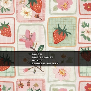 Puede incluir: Patrón sin costuras con fresas, flores y follaje en una cuadrícula repetitiva. El diseño incluye fresas rojas, flores rosas y blancas y hojas verdes, sobre un fondo claro. El patrón mide 25,4 cm x 25,4 cm y está etiquetado como un patrón sin costuras.
