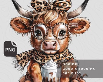 coffee addict highland cow png sublimation design for shirts, leopard print coquette bow, kawaii cow clipart & stickers, digital download