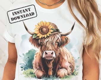 Sunflower Highland Cow PNG, Western Desert Clipart, Shirt Design (Digital Download)