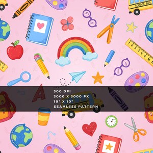 Nahtloses Aquarellmuster „Schulstart“ – Apfel-Buntstifte-Regenbogen-Klassenzimmer-Wiederholung, digitaler Download (PNG)