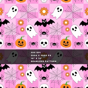 Puede incluir: Un patrón sin costuras con fantasmas blancos, calabazas naranjas, murciélagos negros, arañas, telarañas y flores naranjas sobre un fondo de cuadros rosas. Texto: 300 DPI, 3000 X 3000 PX, 25,4 cm X 25,4 cm, PATRÓN SIN COSTURAS.