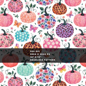 May include: A seamless pattern featuring various pumpkins decorated with floral prints, leopard spots, and polka dots, interspersed with colorful butterflies and small green vines on a white background, including text 300 DPI 3000 X 3000 PX 10" X 10".