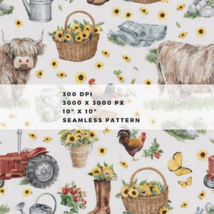 May include: A seamless pattern featuring watercolor illustrations of farm elements. The design includes sunflowers, Highland cows, a rooster, a tractor, and baskets. The text reads "300 DPI, 3000 X 3000 PX, 10" X 10", SEAMLESS PATTERN".