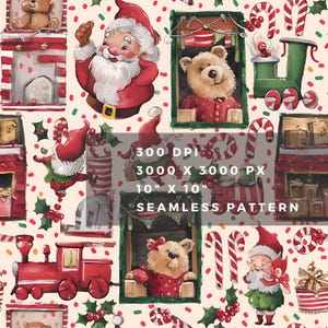 Santa Bear Frames Christmas Seamless Repeat Pattern PNG Sublimation Design, Holidays Trendy Aesthetic Backgrounds Digital Paper